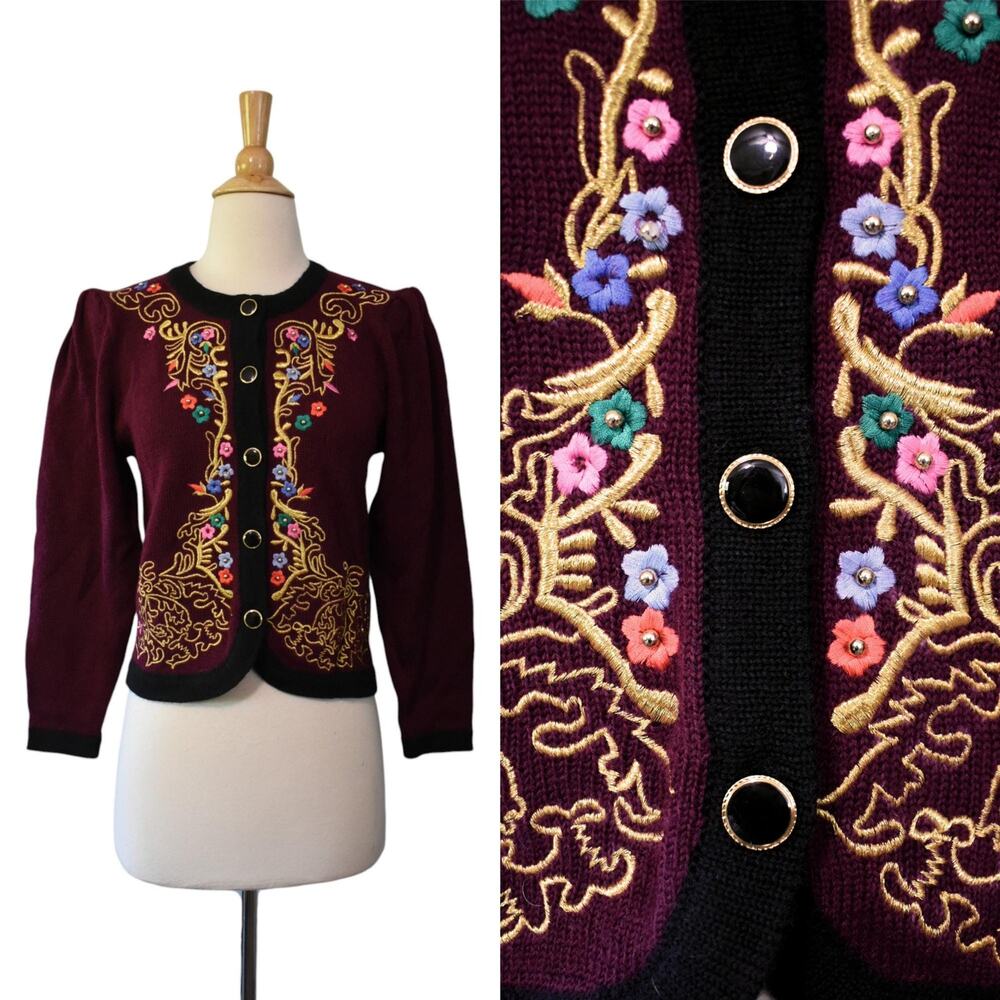 Vintage 90s Deadstock Eagles Eye Bavarian Crimson Embroidered Cardigan Sweater